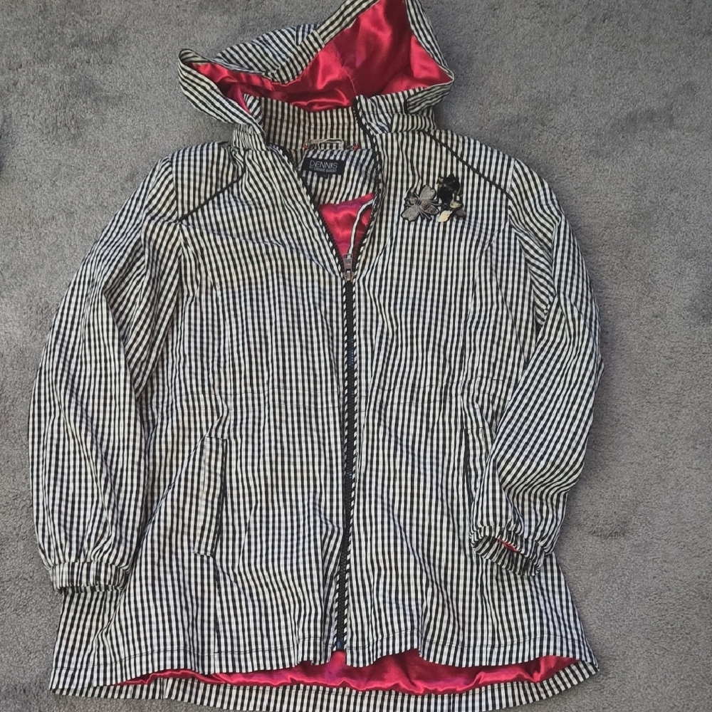 Dennis Basso Black & White Gingham Hooded Raincoat with Red Lining